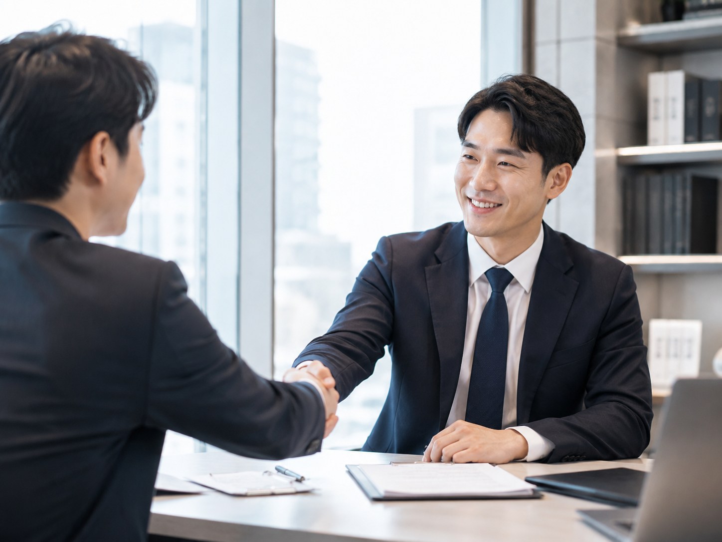 상담을 마친 고객과 변리사의 미팅 장면
